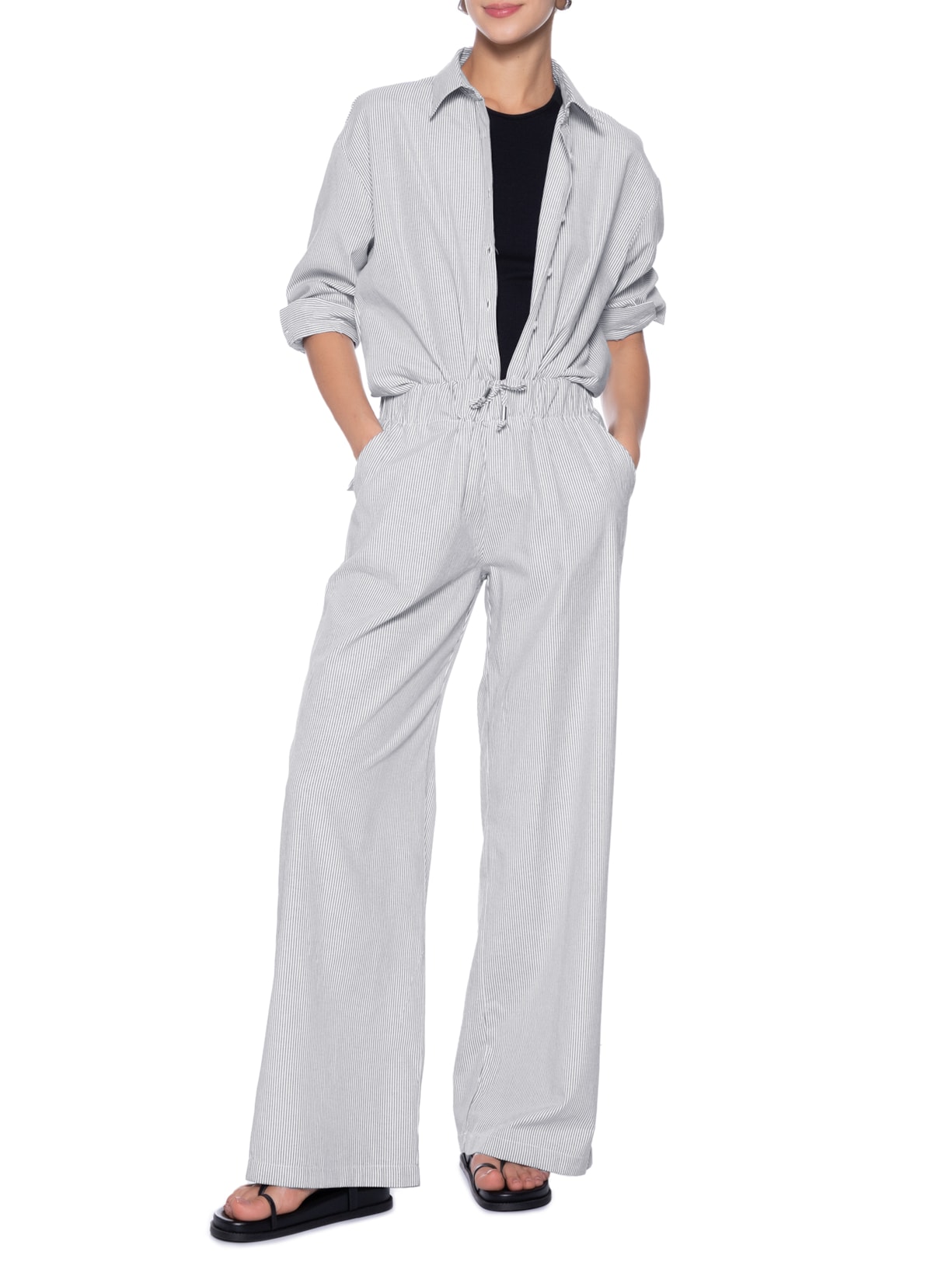 Conjunto Feminino Listrado Camisa E Calça Preto Basiq