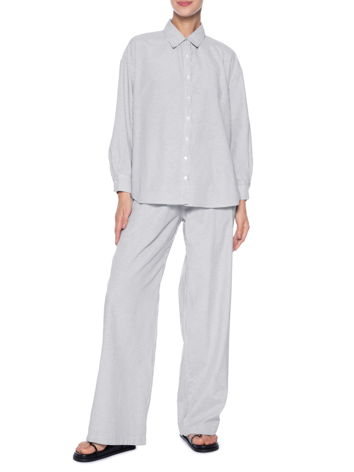 Conjunto Feminino Listrado Camisa E Calça Preto Basiq