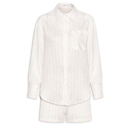 Conjunto Feminino Listrado Com Camisa Manga Longa E Short - Off White