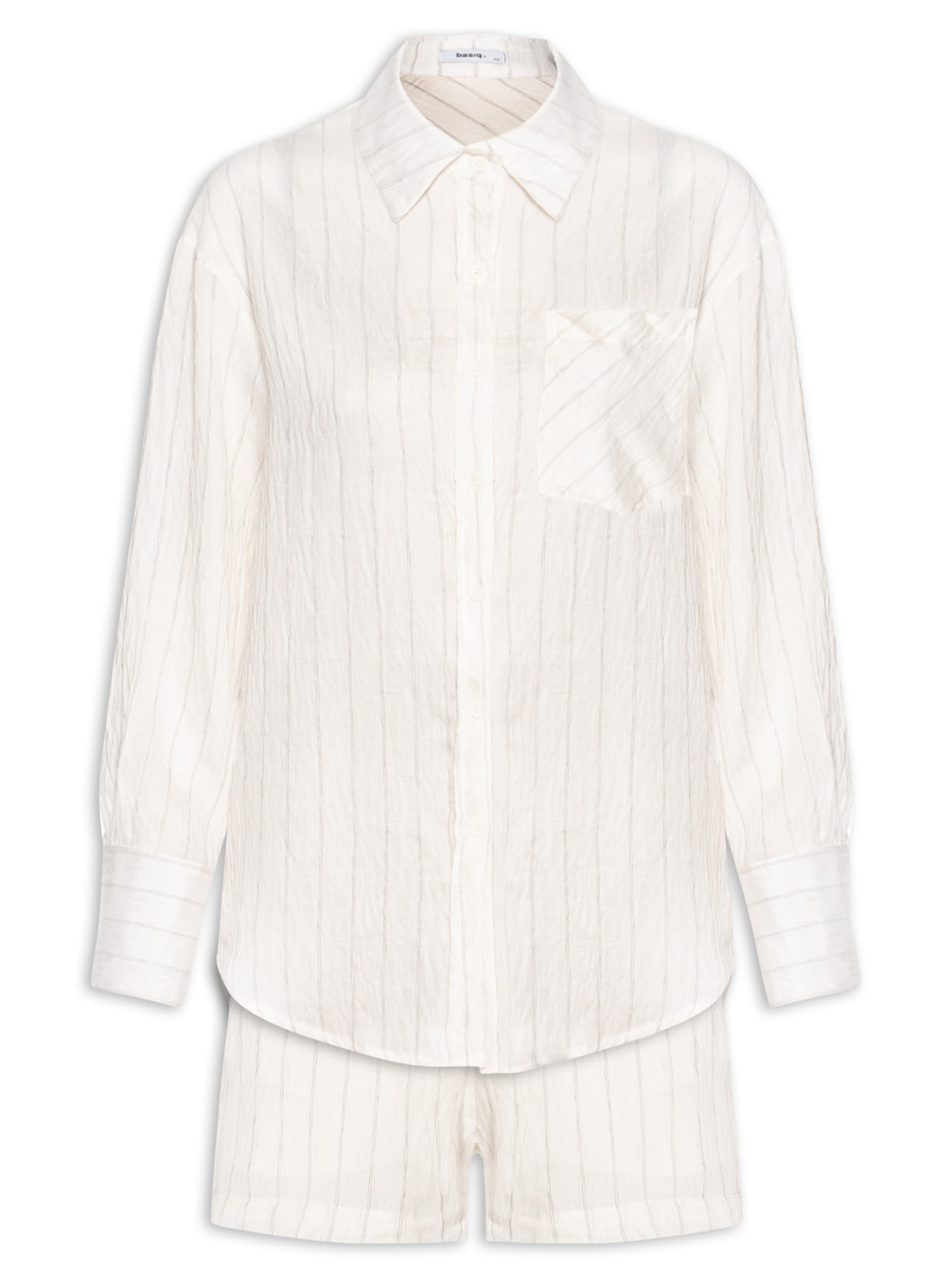 Conjunto Feminino Listrado Com Camisa Manga Longa E Short - Off White