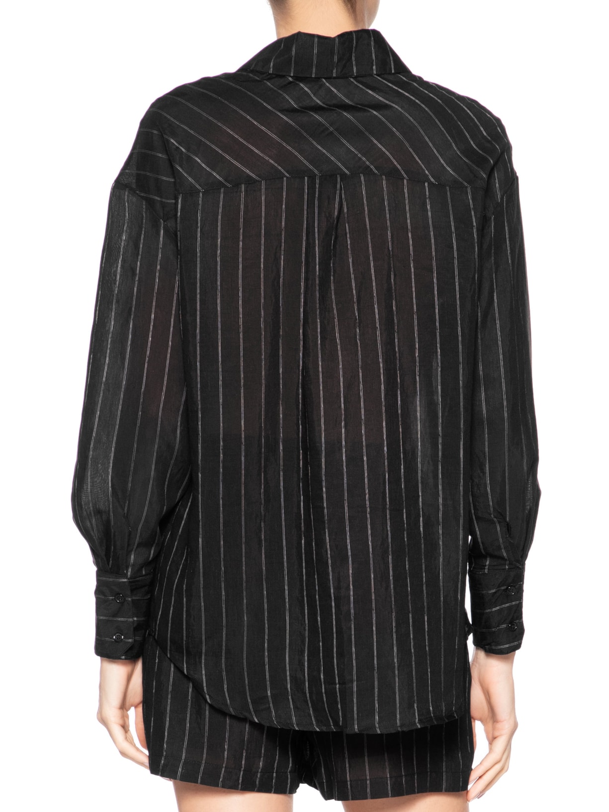 Conjunto Feminino Listrado Com Camisa Manga Longa E Short Preto Basiq