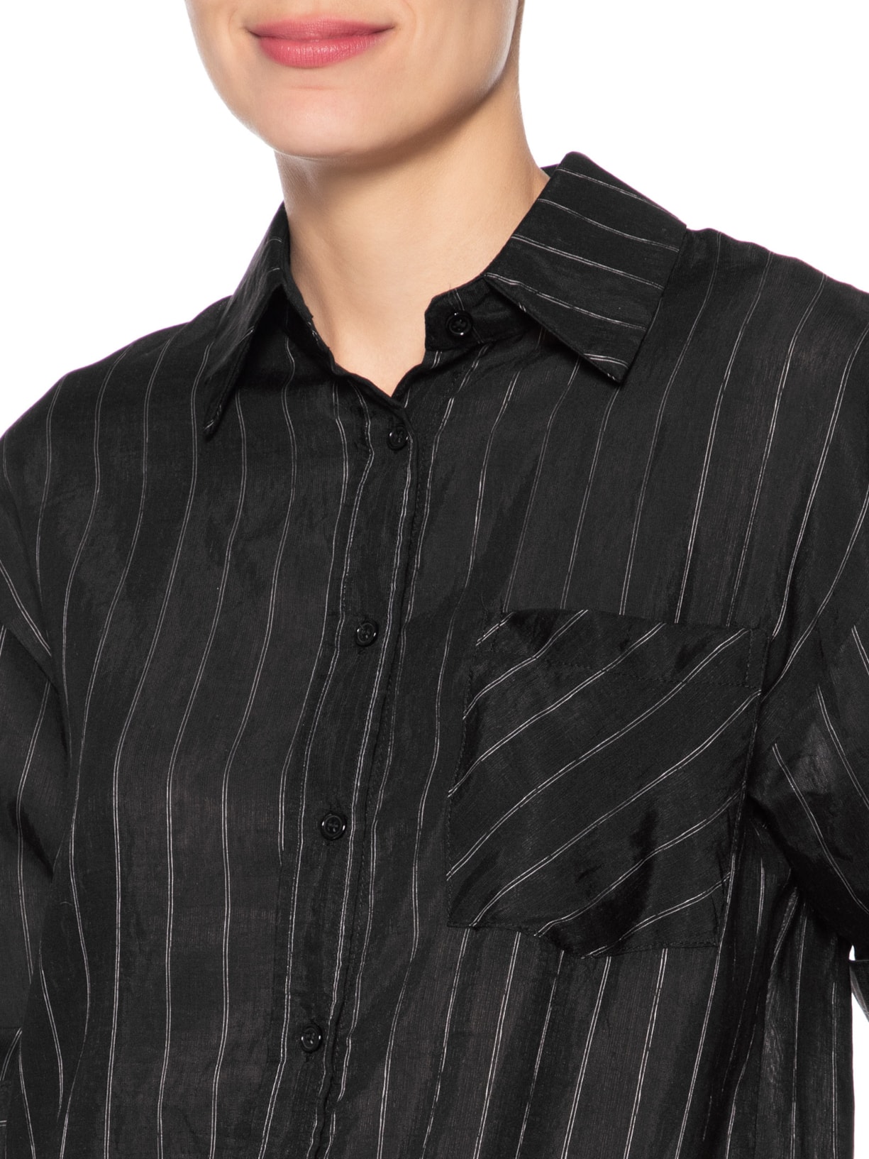 Conjunto Feminino Listrado Com Camisa Manga Longa E Short Preto Basiq