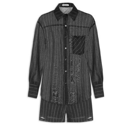 Conjunto Feminino Listrado Com Camisa Manga Longa E Short - Preto