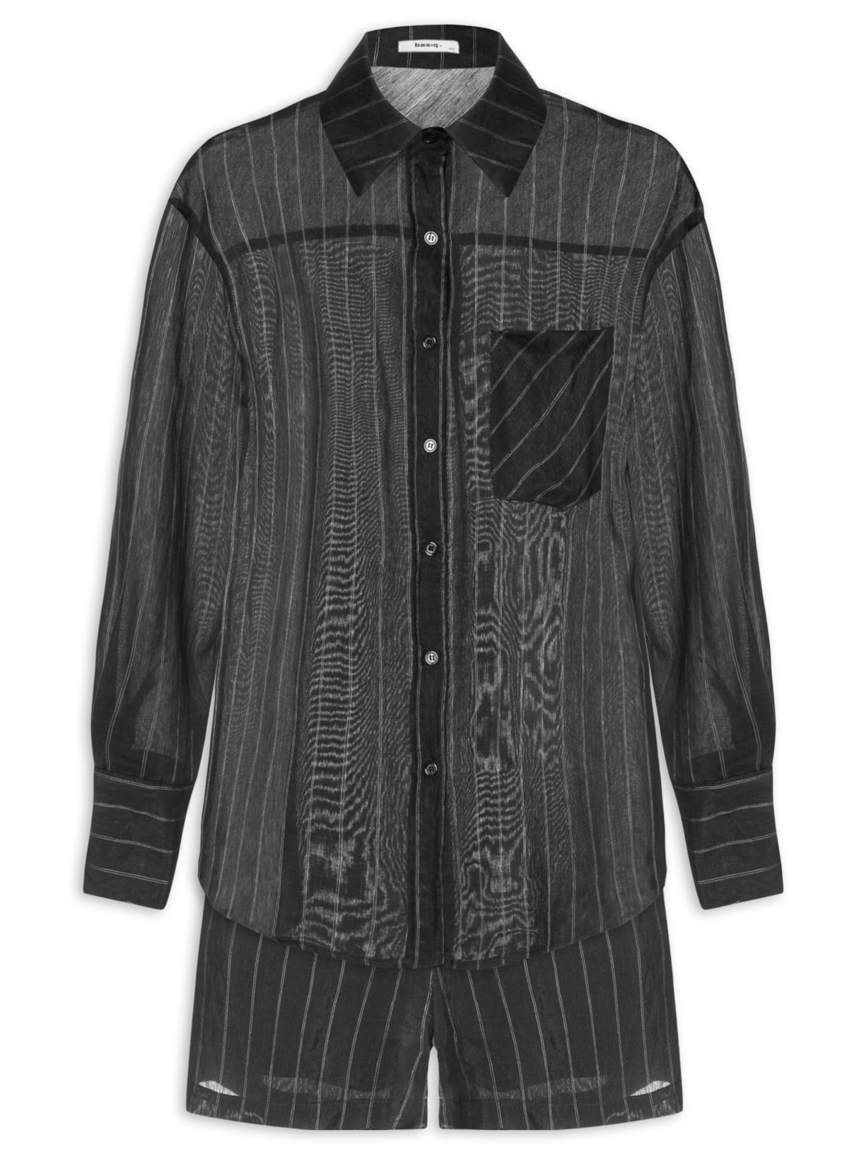 Conjunto Feminino Listrado Com Camisa Manga Longa E Short - Preto