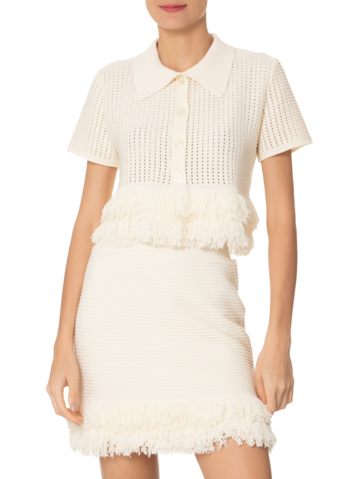 Conjunto Feminino Polo E Saia Curta Com Franjas Em Tricot Off White '2Essential