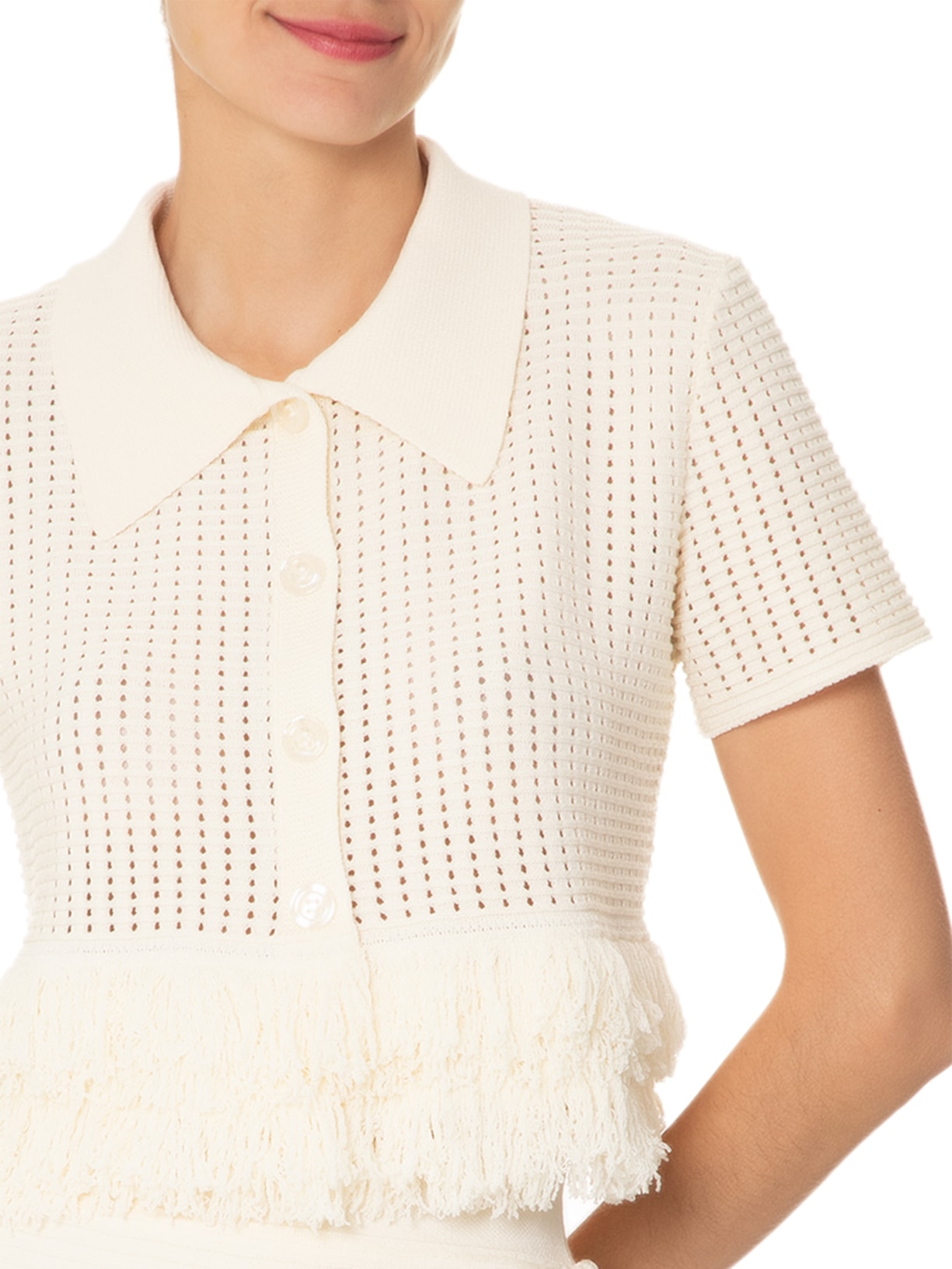 Conjunto Feminino Polo E Saia Curta Com Franjas Em Tricot Off White '2Essential