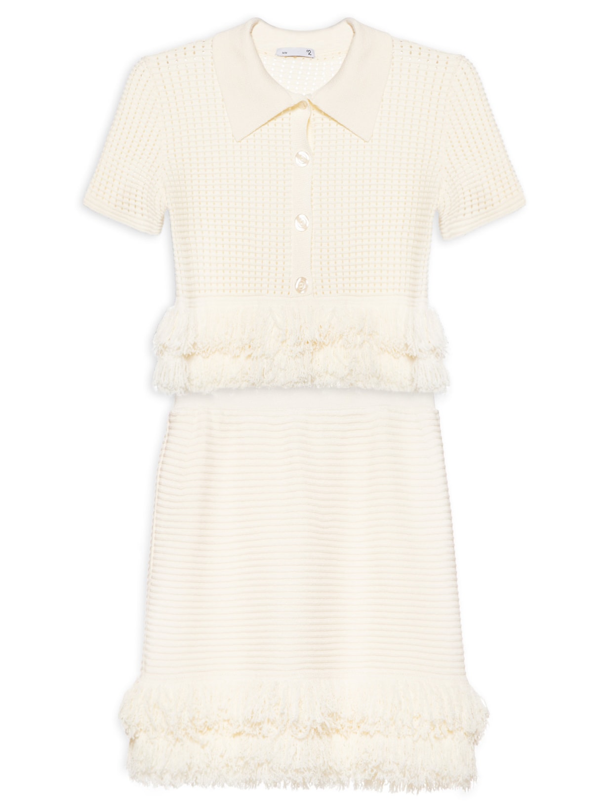 Conjunto Feminino Polo E Saia Curta Com Franjas Em Tricot - Off White