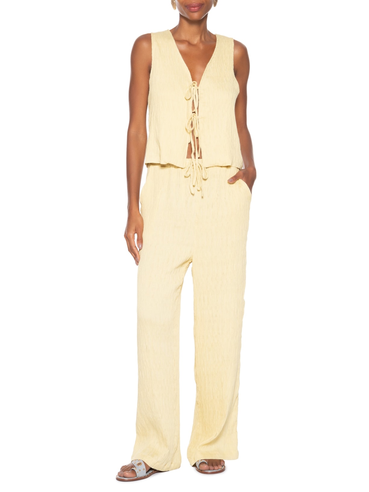 Conjunto Feminino Regata Amarração Calça Reta Amarelo Basiq