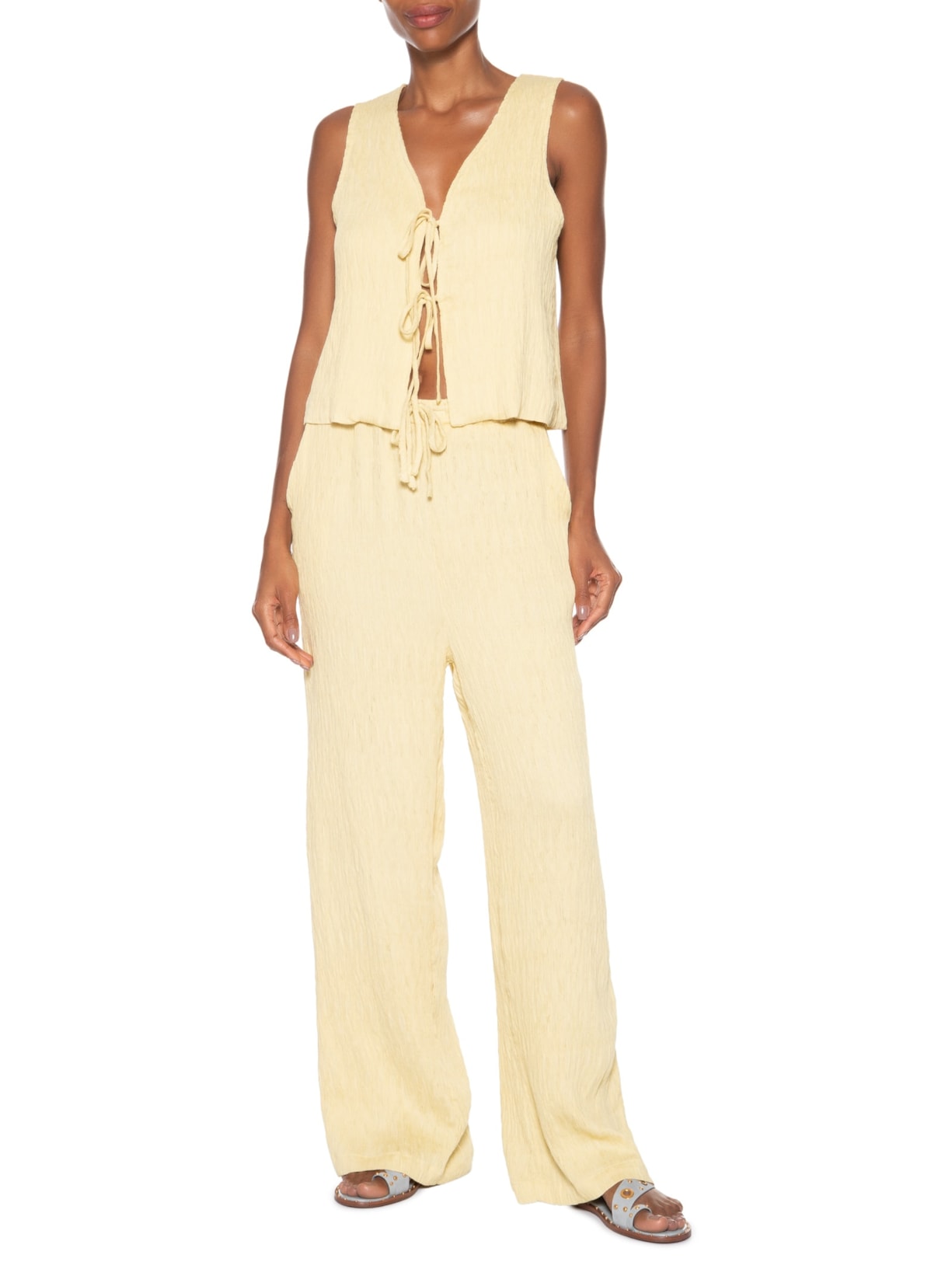 Conjunto Feminino Regata Amarração Calça Reta Amarelo Basiq