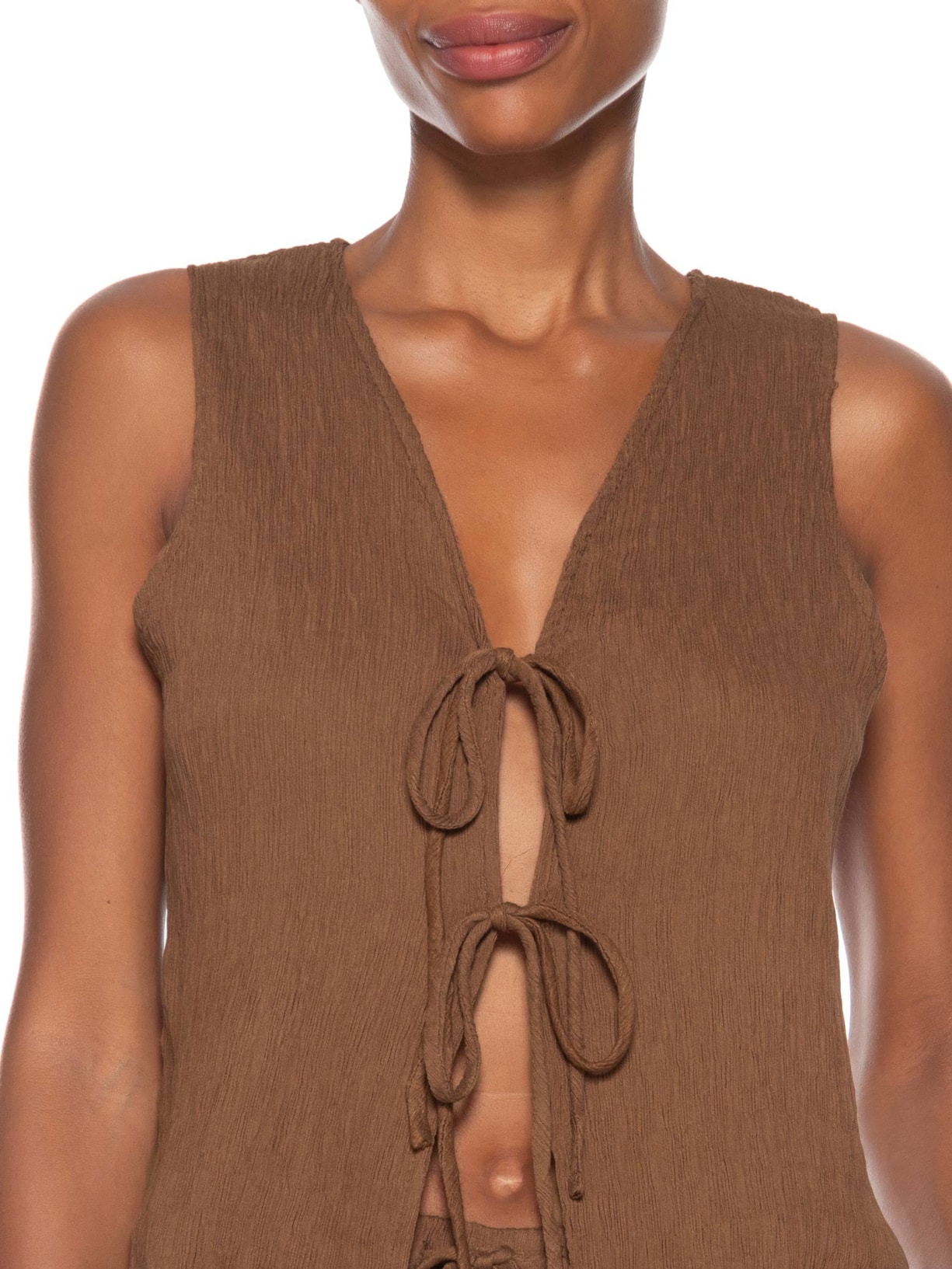 Conjunto Feminino Regata Amarração Calça Reta Marrom Basiq