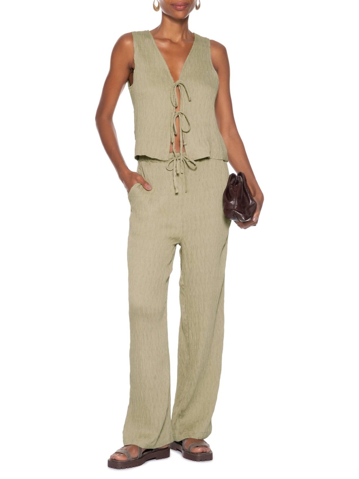 Conjunto Feminino Regata Amarração Calça Reta Verde Basiq