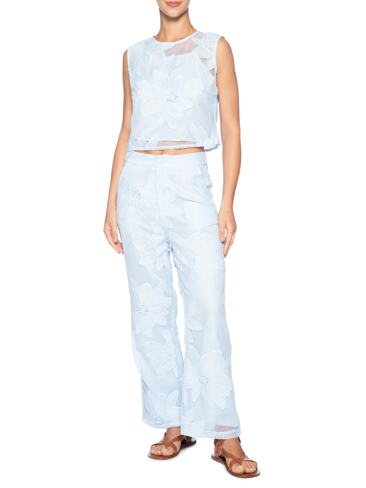 Conjunto Feminino Regata e Calça Pantalona Em Tela Azul '2Essential