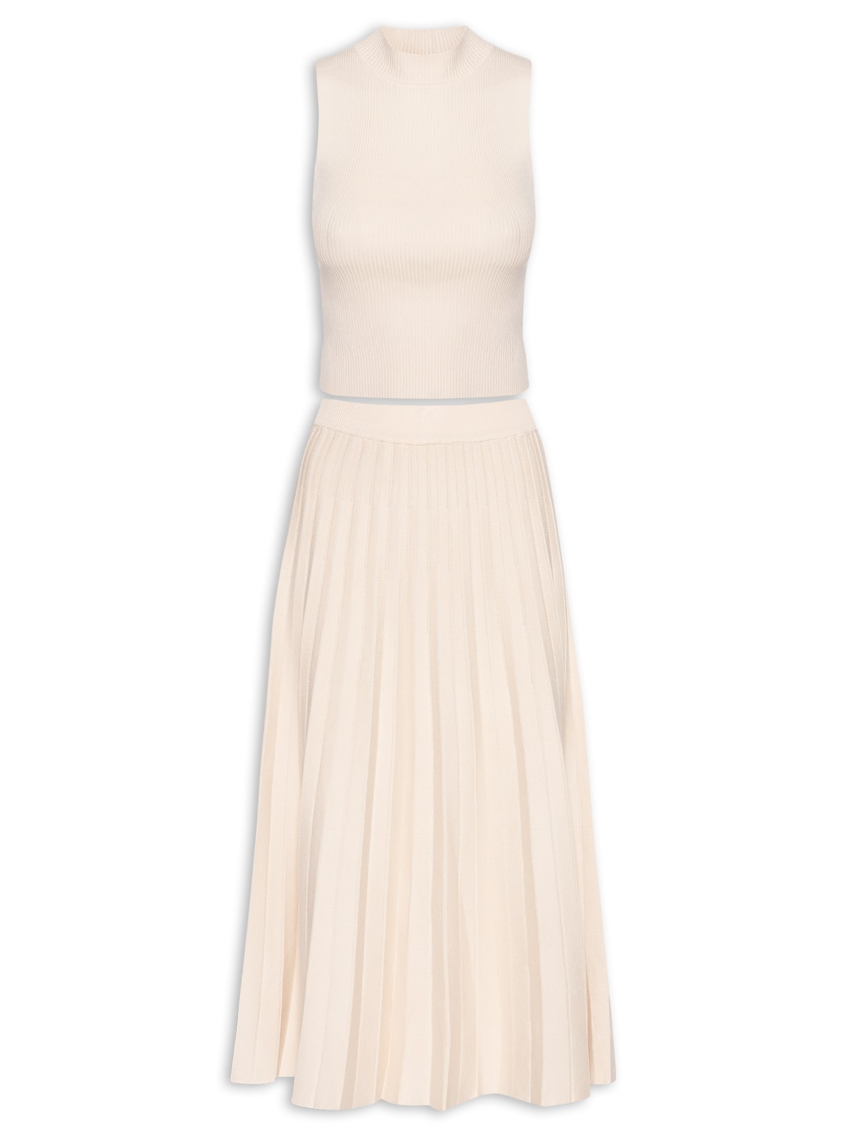 Conjunto Feminino Regata E Saia Midi Plissada Em Tricot - Bege