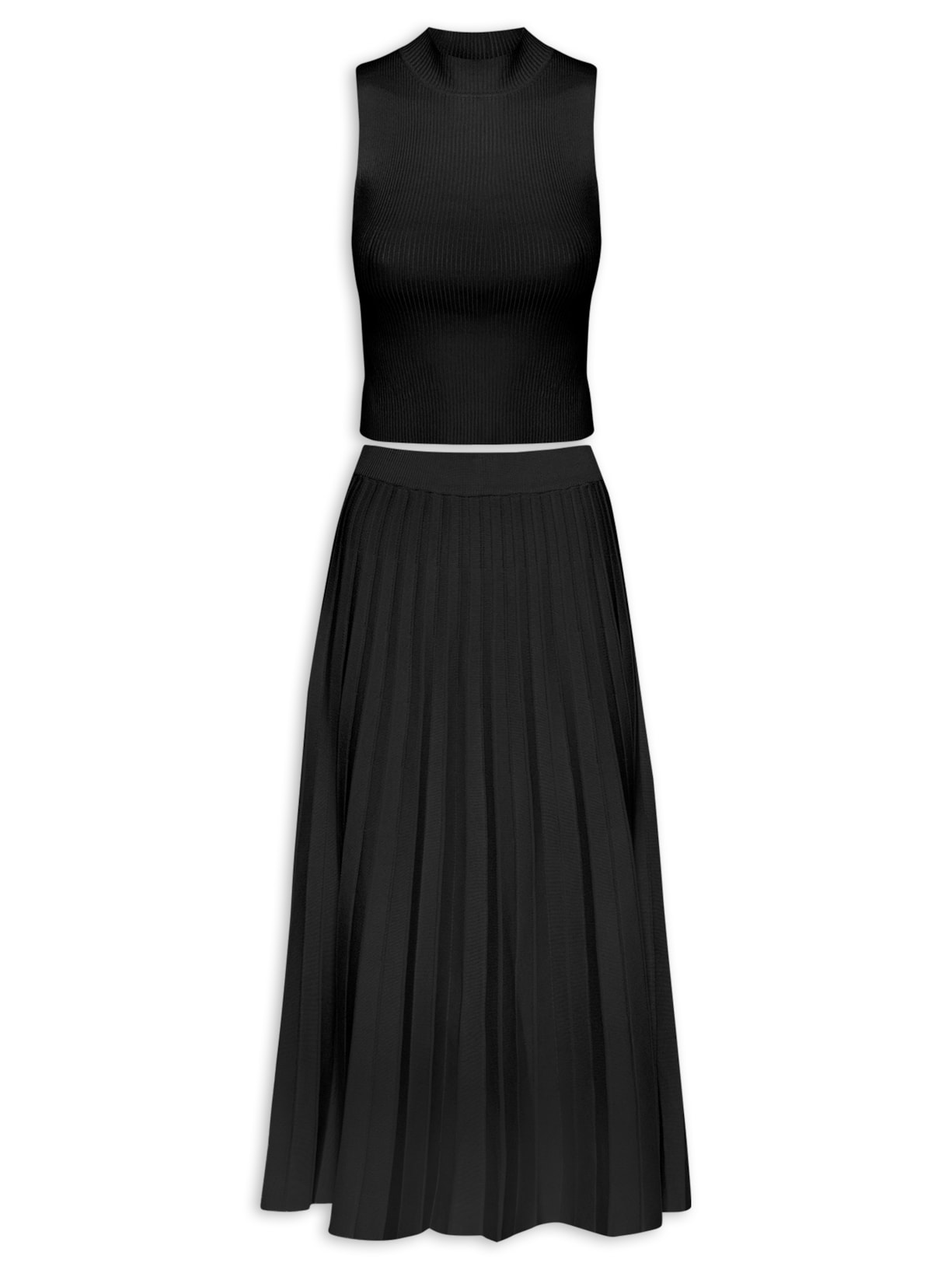 Conjunto Feminino Regata E Saia Midi Plissada Em Tricot - Preto