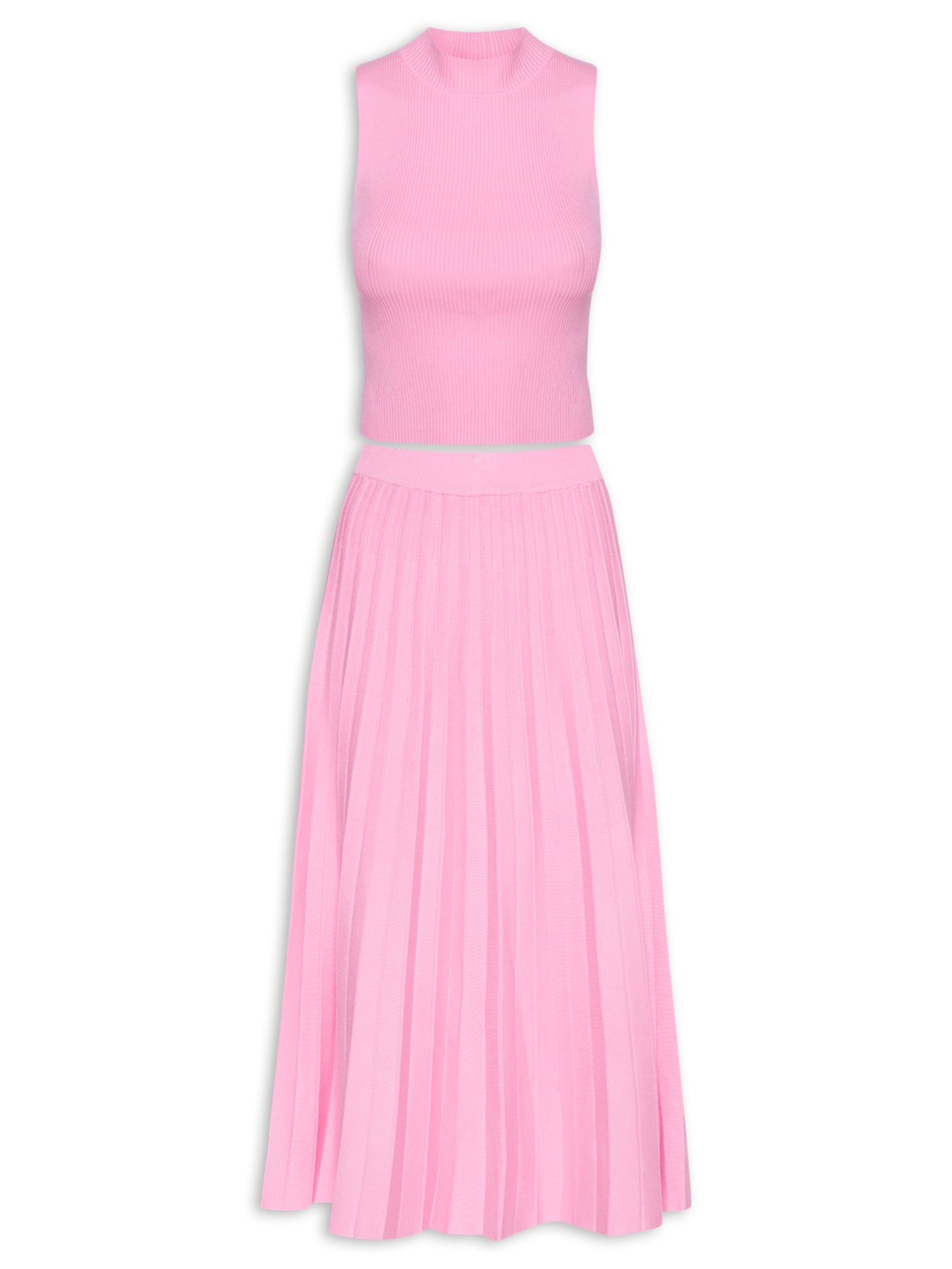 Conjunto Feminino Regata E Saia Midi Plissada Em Tricot - Rosa