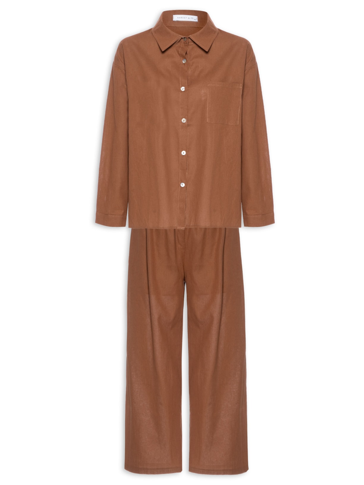 Conjunto Feminino Saída De Praia Camisa E Calça Pantacourt - Marrom