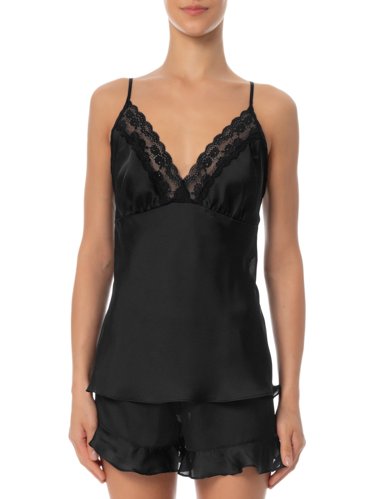 Conjunto Feminino Shortdoll Cetim Tahiti Preto Jogê