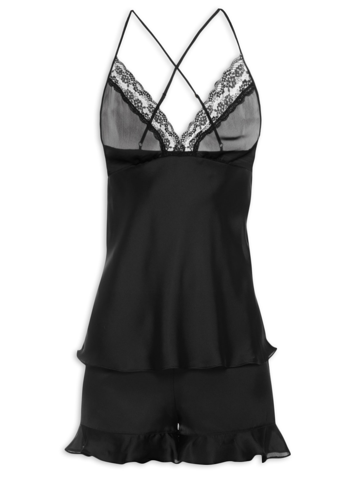 Conjunto Feminino Shortdoll Cetim Tahiti Preto Jogê