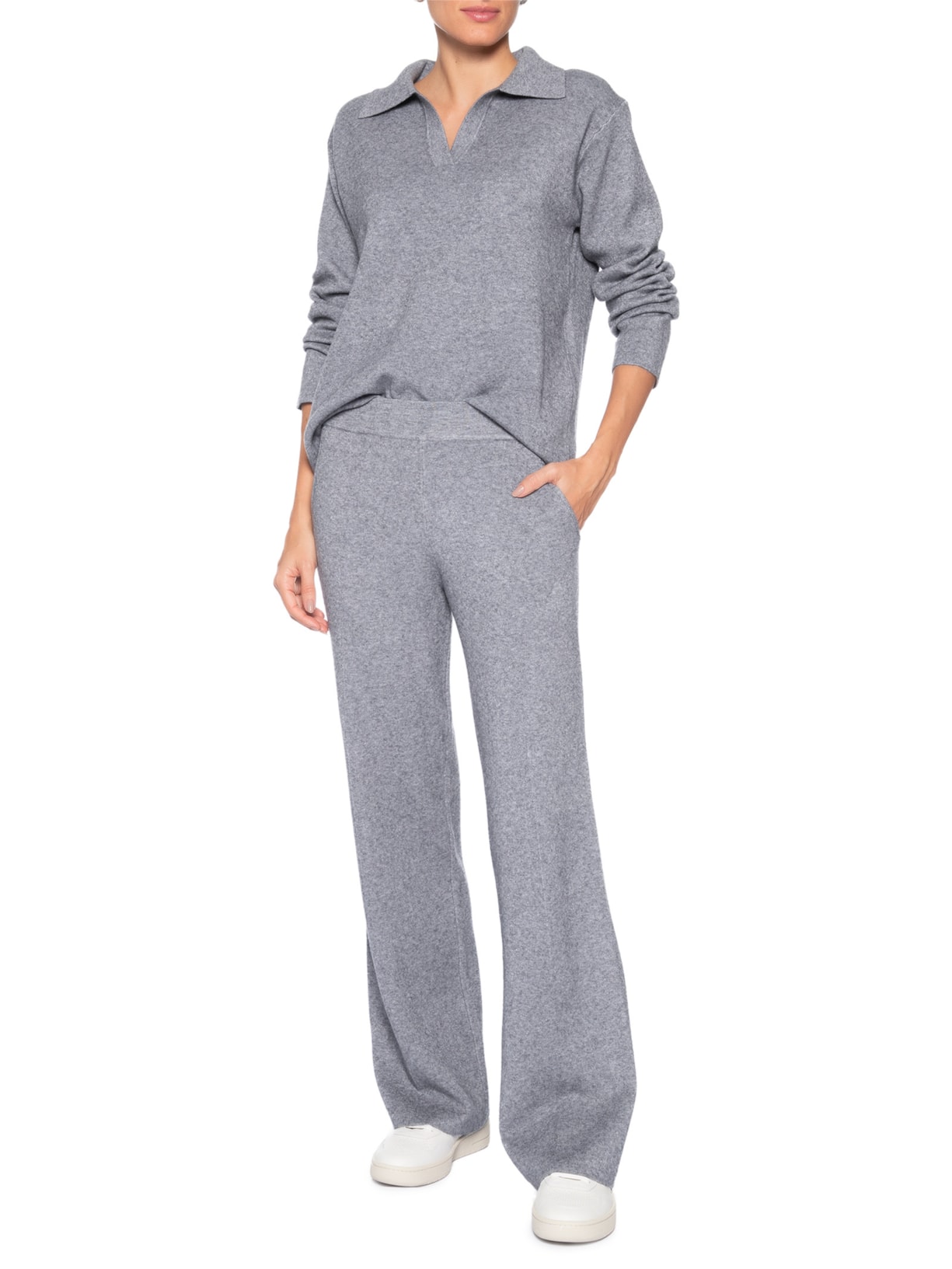 Conjunto Feminino Tricot Gola Polo Cinza Basiq