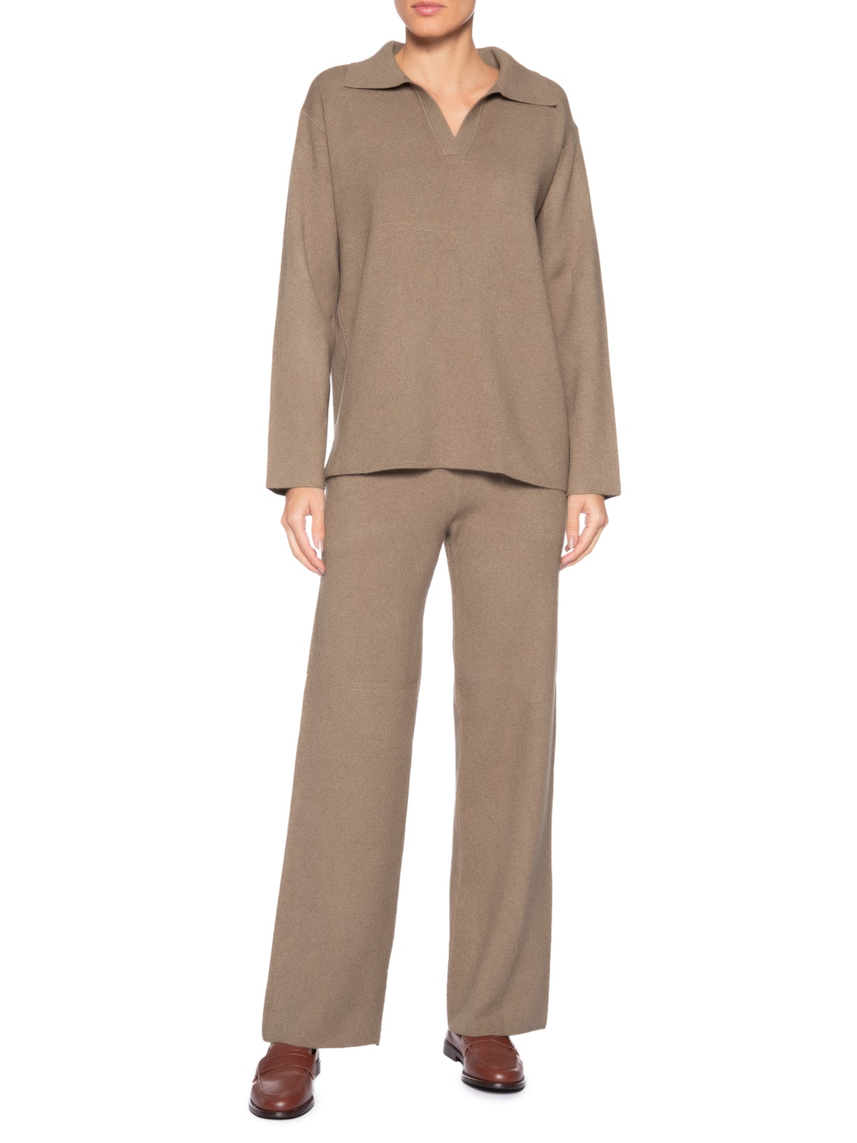 Conjunto Feminino Tricot Gola Polo – Marrom Basiq
