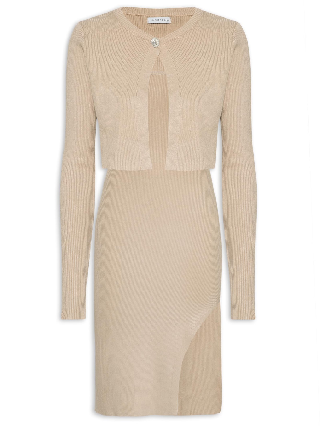 Conjunto Feminino Vestido Midi E Casaco Em Tricot - Bege