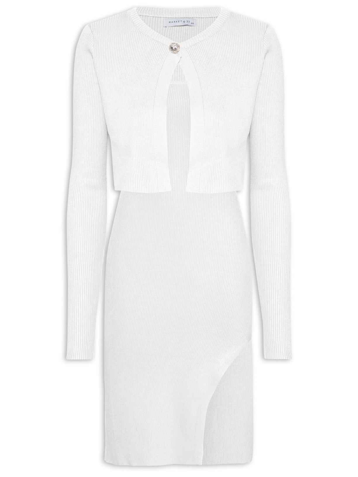 Conjunto Feminino Vestido Midi E Casaco Em Tricot - Off White