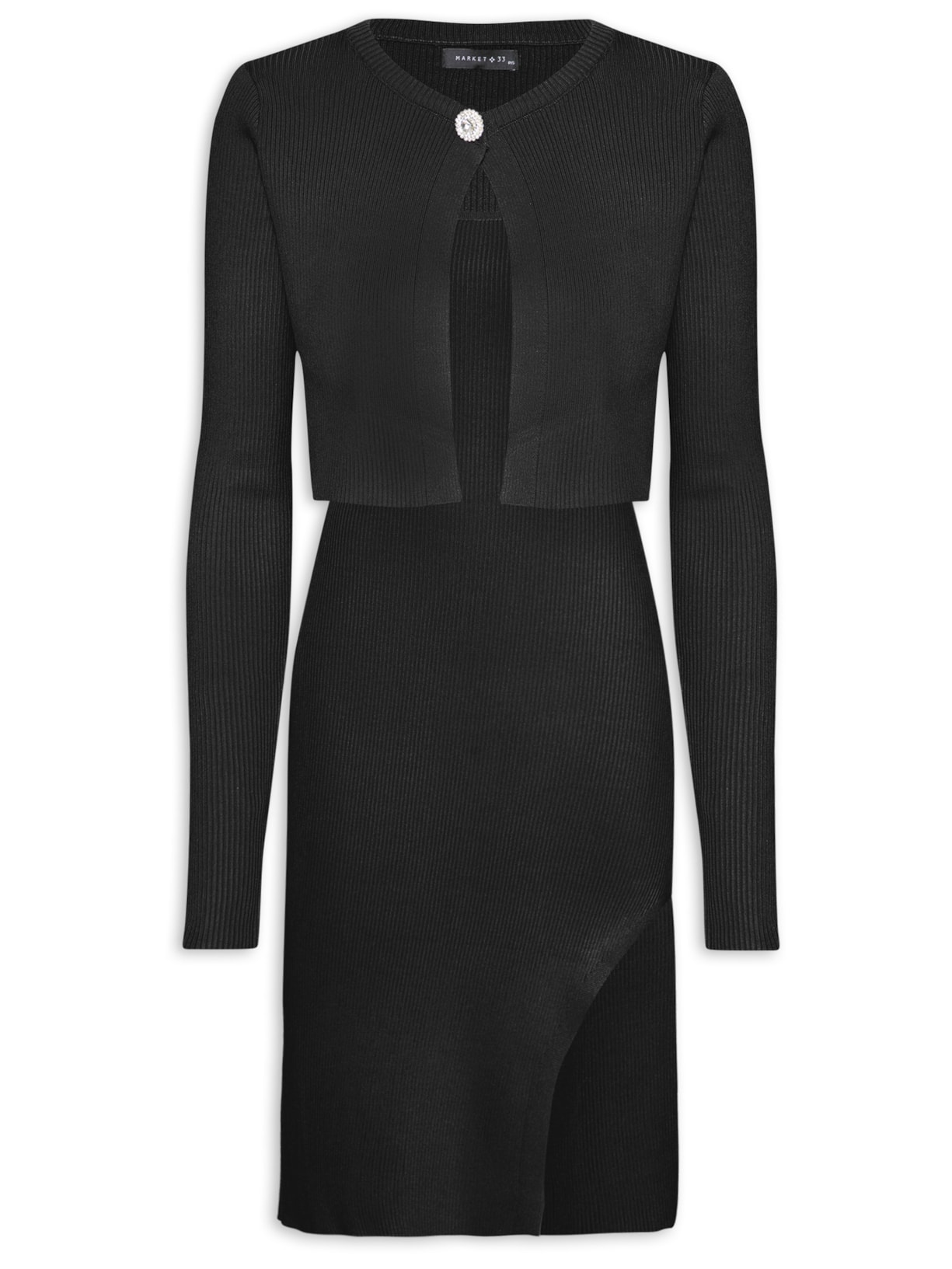 Conjunto Feminino Vestido Midi E Casaco Em Tricot - Preto