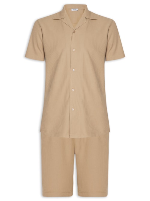Conjunto Masculino Básico Camisa Manga Curta e Short - Bege
