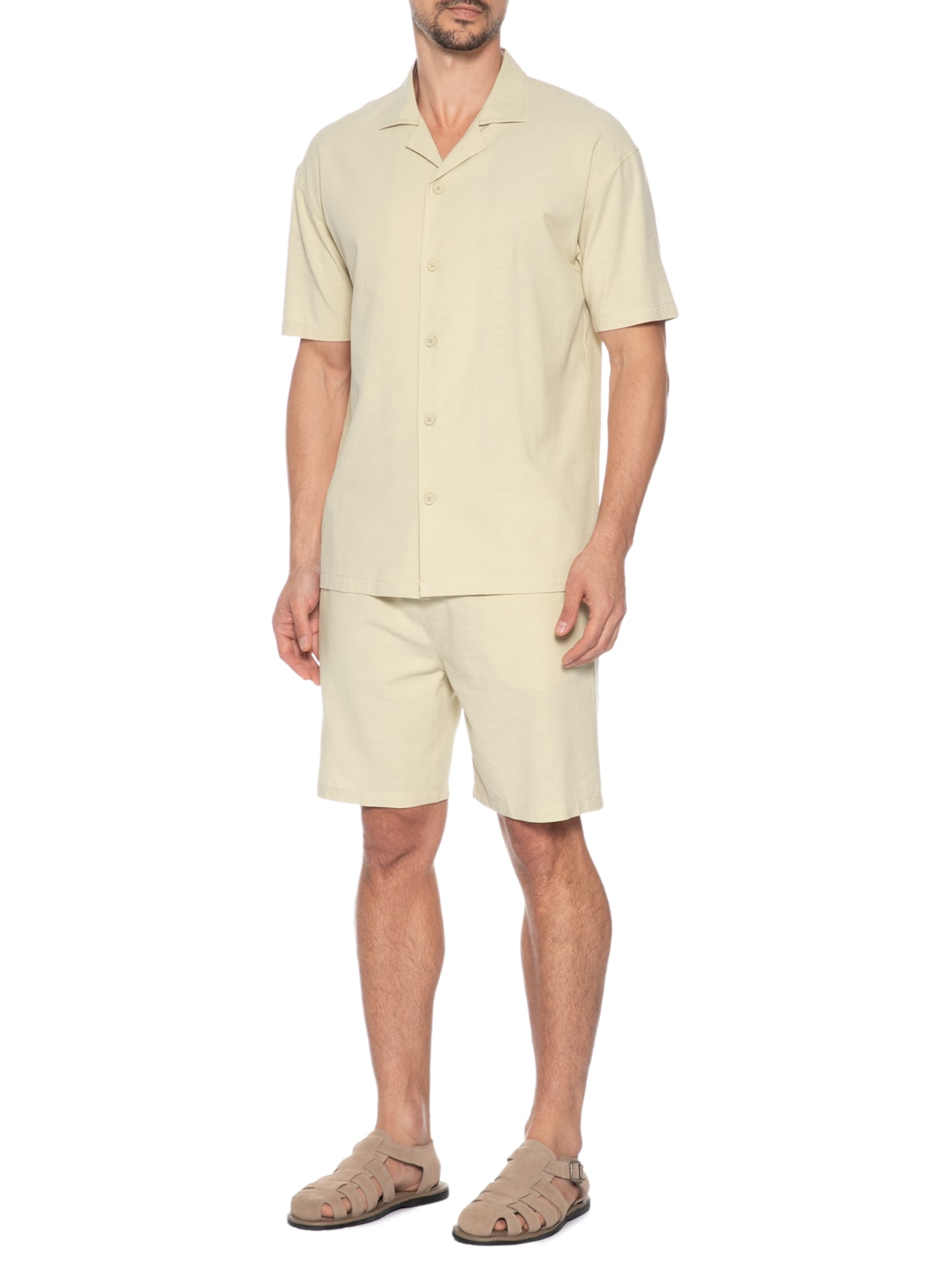 Conjunto Masculino Camisa Com Shorts Bege Basiq Men