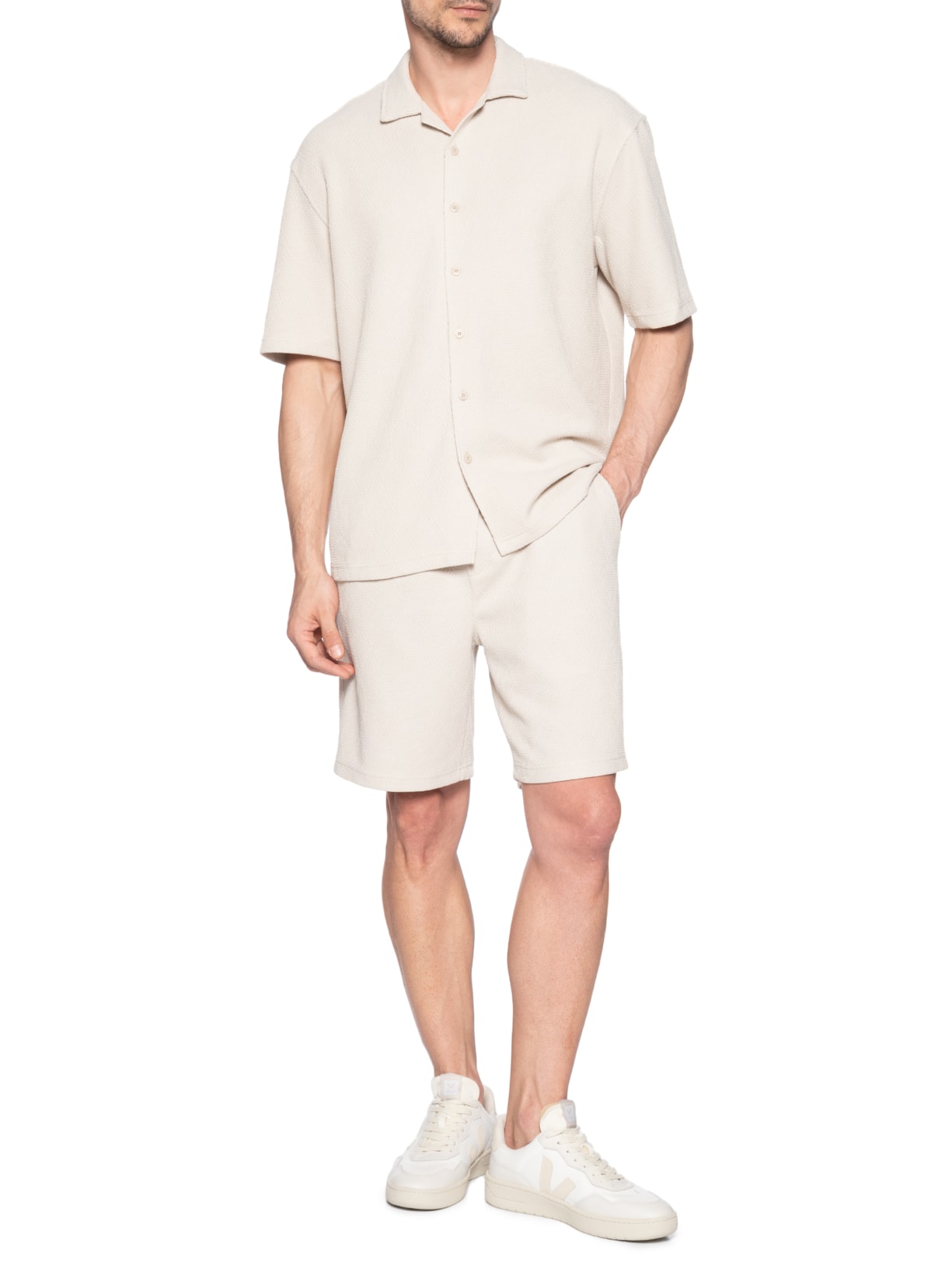 Conjunto Masculino Camisa E Short Texturizado Bege '2 Essential