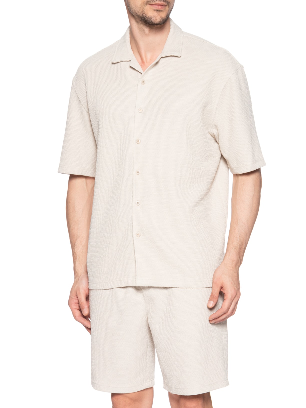 Conjunto Masculino Camisa E Short Texturizado Bege '2 Essential