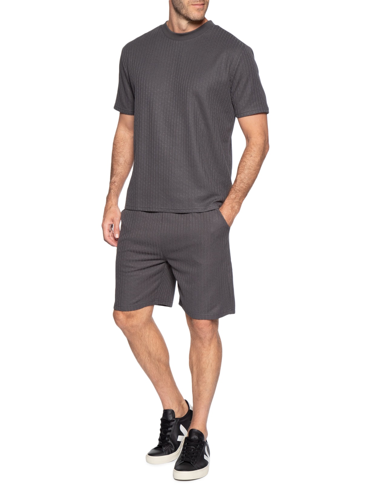 Conjunto Masculino Camiseta E Short Texturizado Cinza '2 Essential