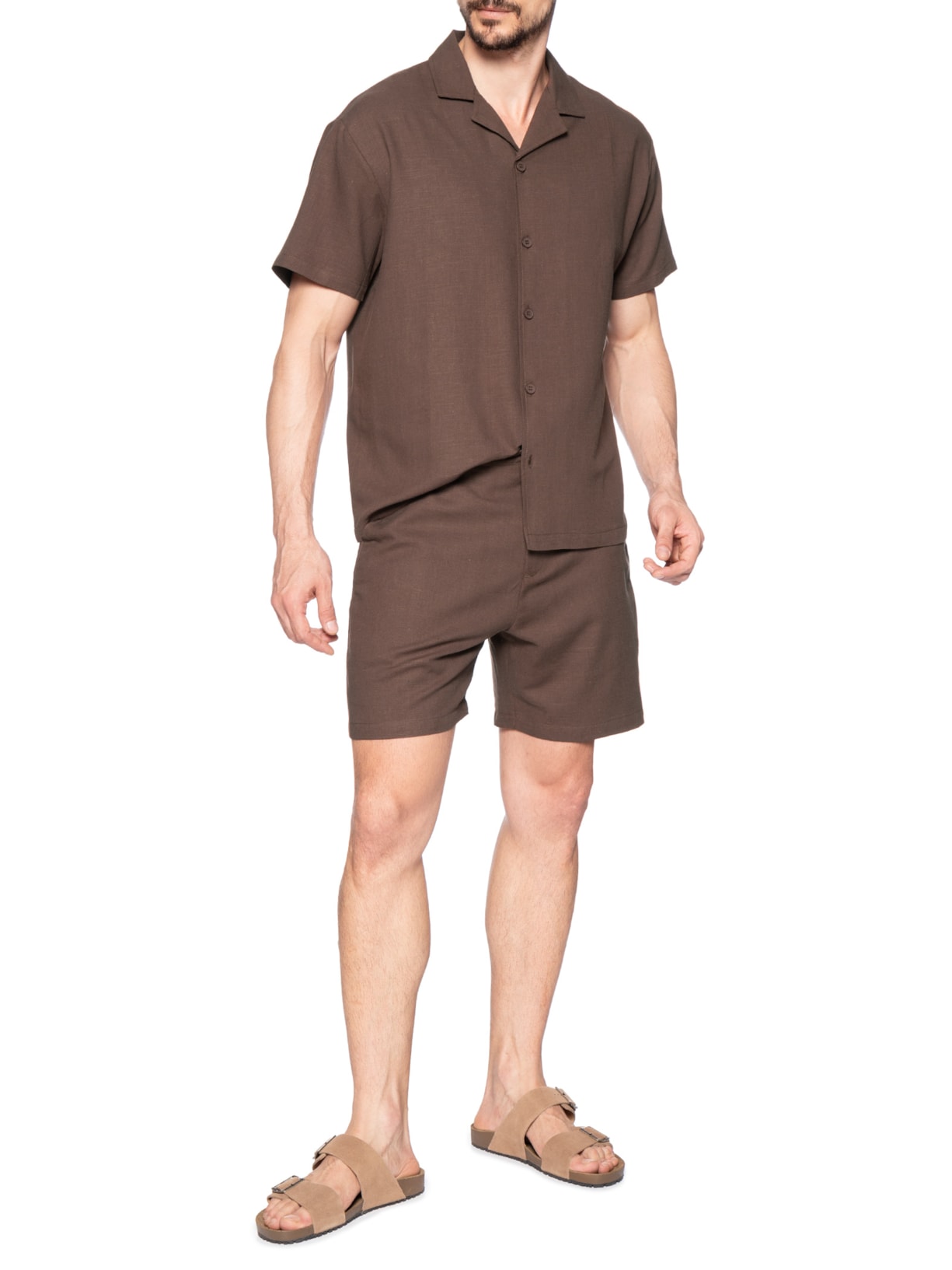 Conjunto Masculino Em Linho Misto Marrom '2 Essential