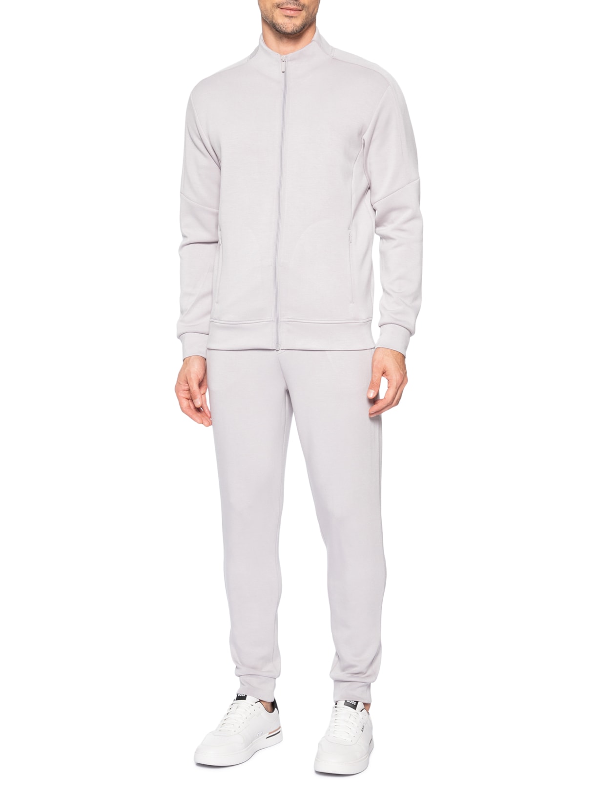 Conjunto Masculino Moletom Com Zíper Sem Capuz Cinza '2 Essential