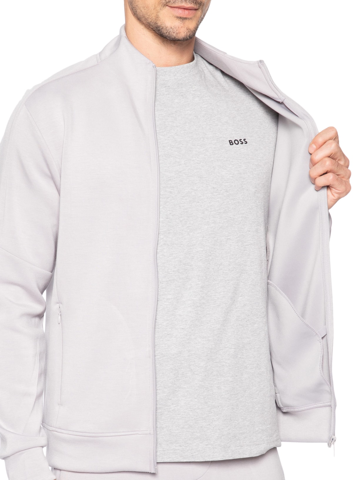 Conjunto Masculino Moletom Com Zíper Sem Capuz Cinza '2 Essential