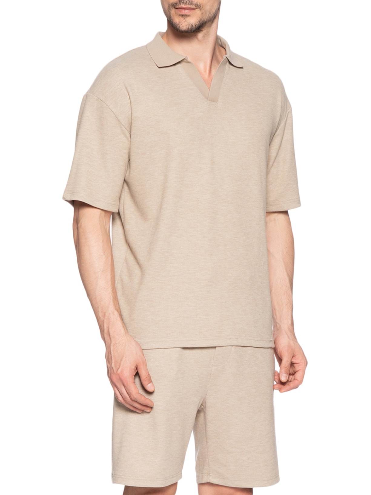 Conjunto Masculino Polo E Short Tricot Bege Basiq Men