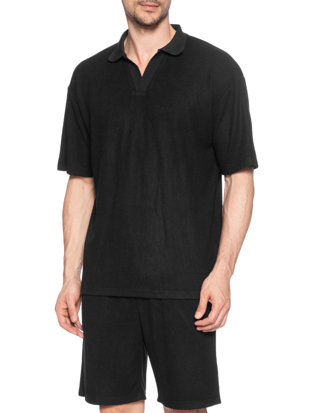 Conjunto Masculino Polo E Short Tricot Preto Basiq Men