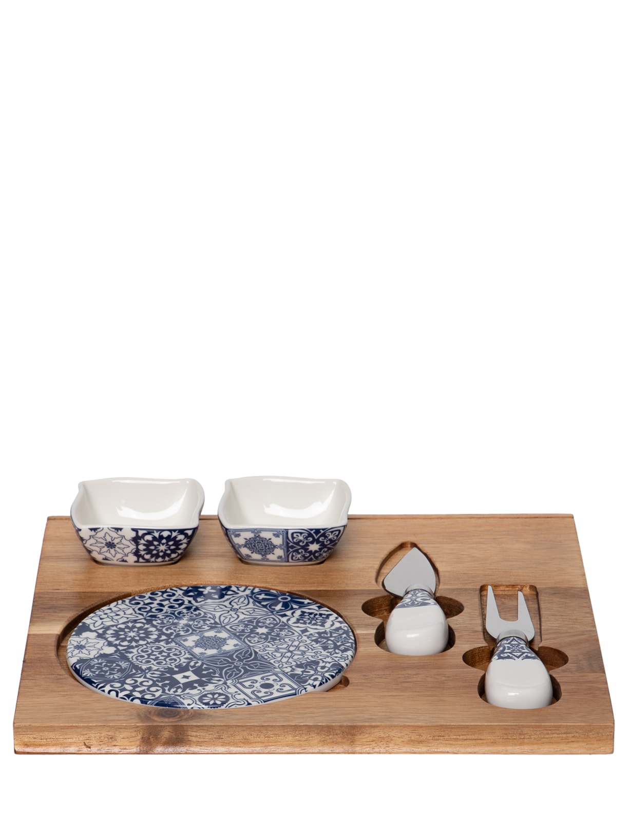 Conjunto Tabua Em Bambu Com Acessórios Em Cerâmica 6 Peças Bege '2Home