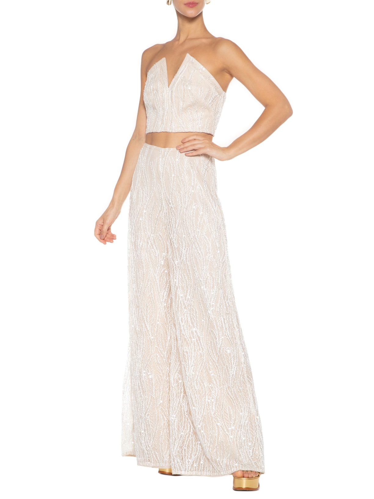 Conjunto Top E Calça Bordado Paetê Olga Bege Oasis