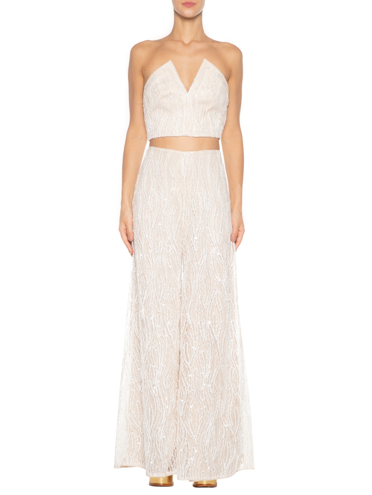 Conjunto Top E Calça Bordado Paetê Olga Bege Oasis