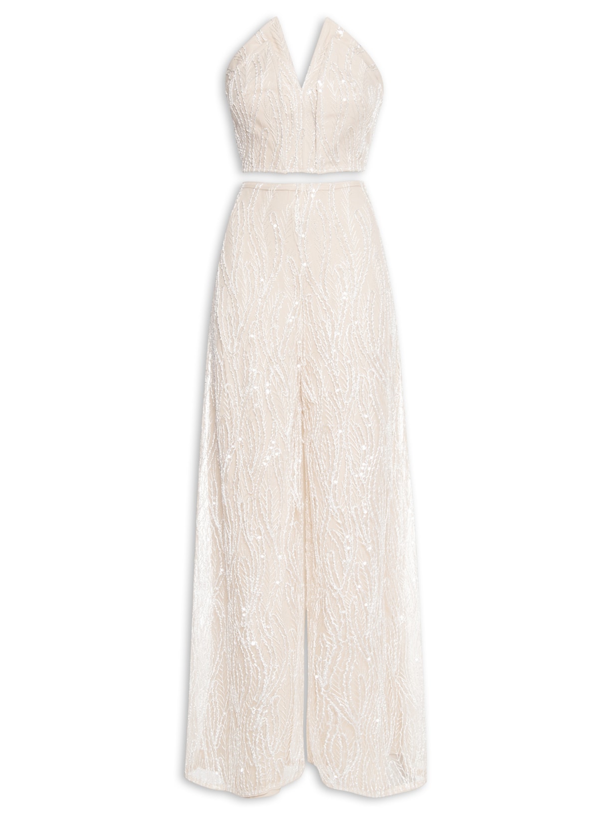 Conjunto Top E Calça Bordado Paetê Olga Bege Oasis