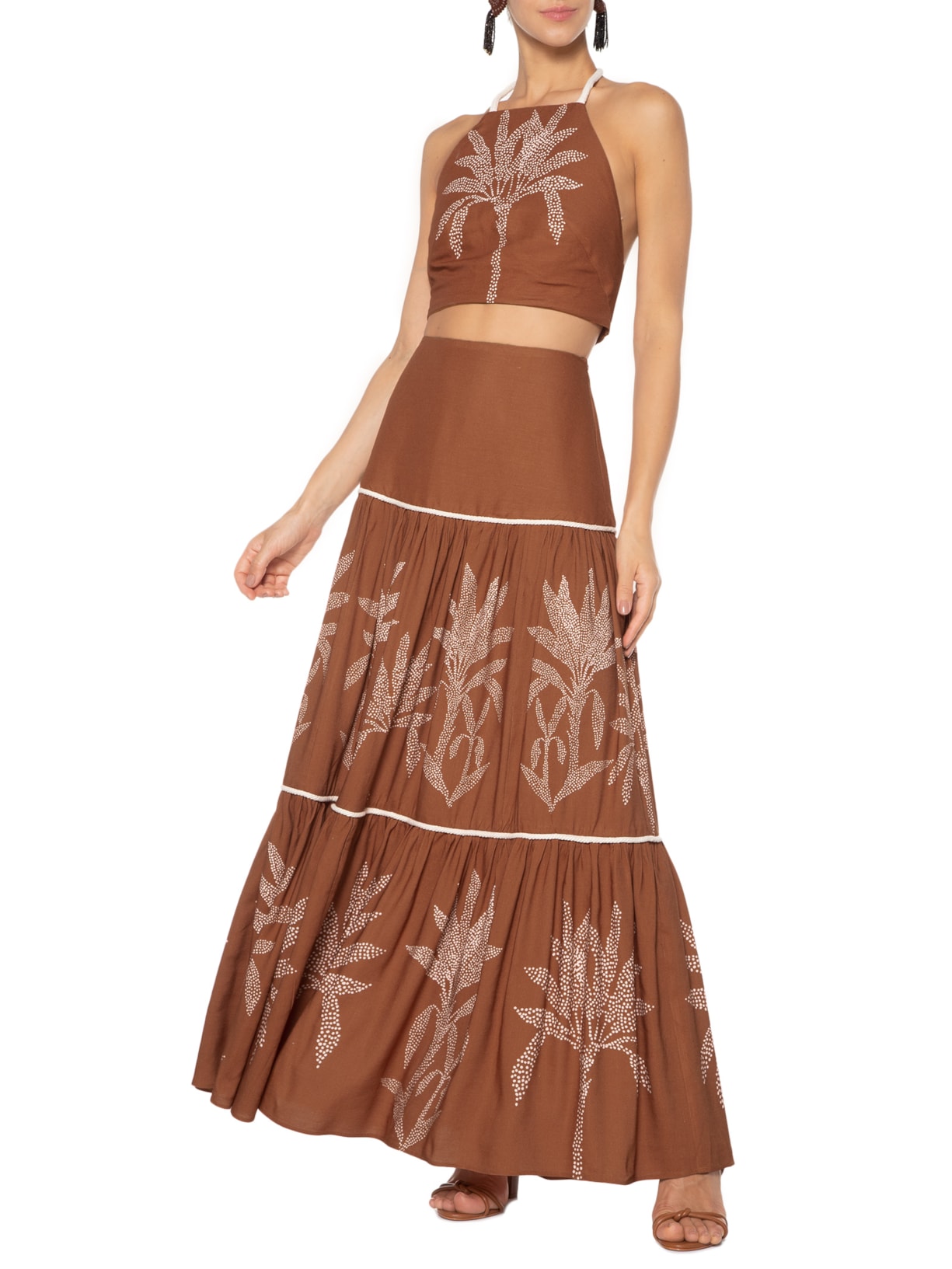 Conjunto Top Saia Estampado Jasmine Marrom Oasis