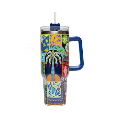 Copo Feminino Térmico Estampa Tropical 1200ml - Azul
