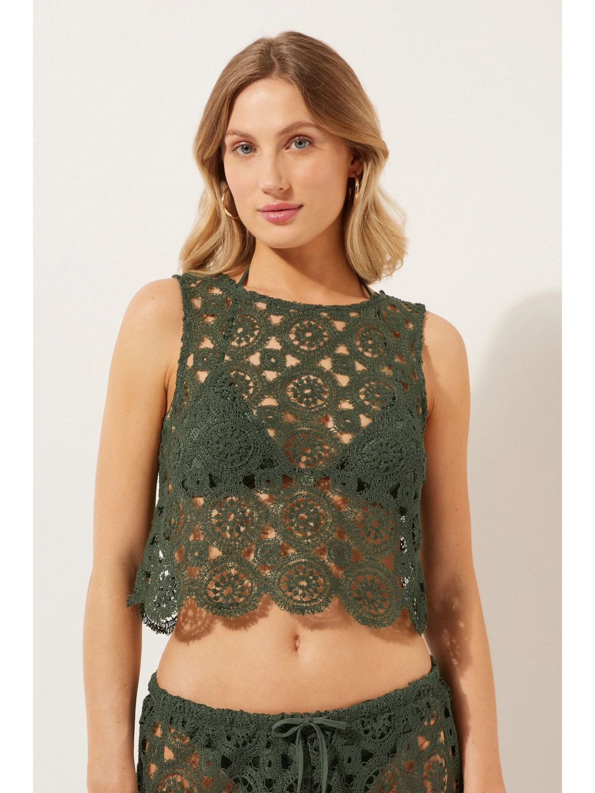 Cropped Em Crochê Geométrico Verde Calzedonia