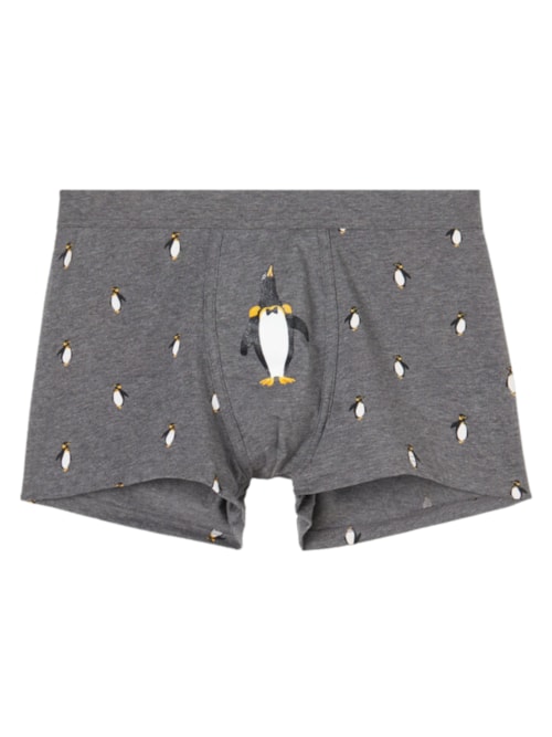 Cueca Boxer Com Estampa De Pinguim Em Algodão Supima - Cinza