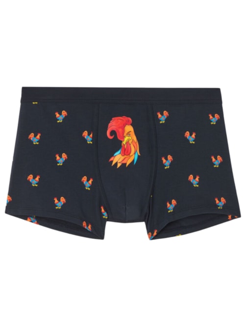 Cueca Boxer Em Algodão Supima Elástico Com Estampa De Galos - Azul