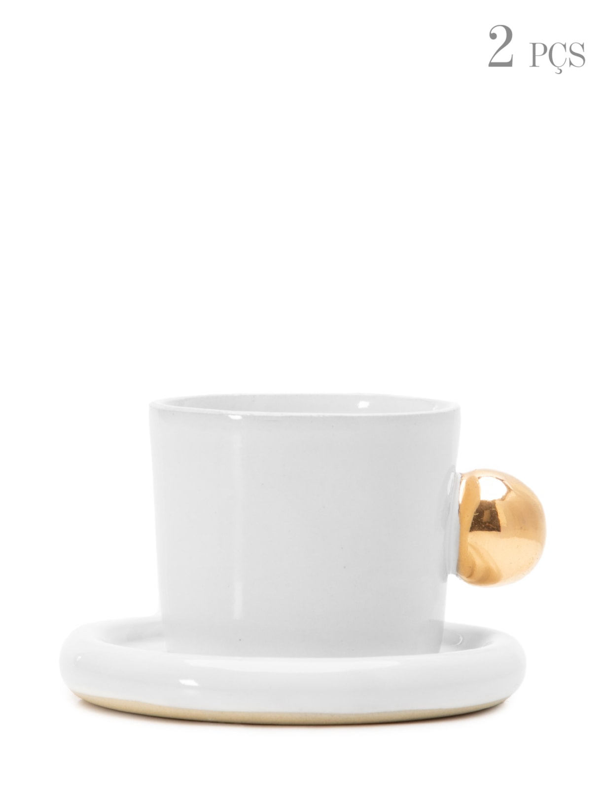 Duo Xícara de Café Bolinha Branca com Ouro Amarelo - Branco
