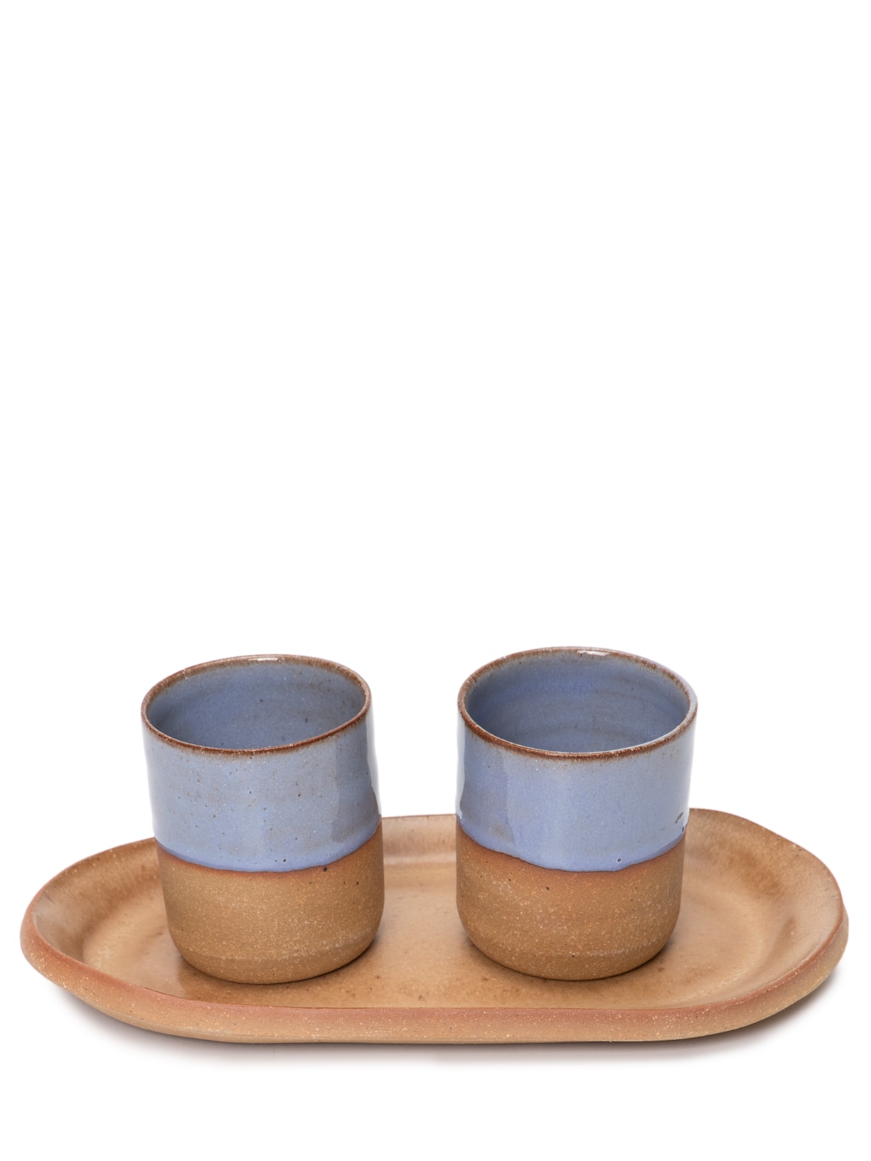 Dupla De Copos Tubo Expresso Em Cerâmica Com Travessa Para Biscoito P - Azul