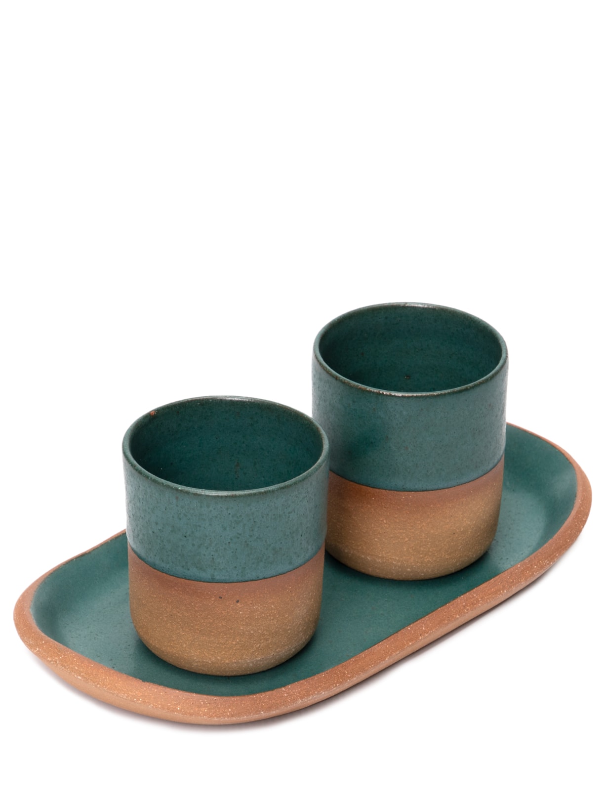 Dupla De Copos Tubo Expresso Em Cerâmica Com Travessa Para Biscoito P - Verde