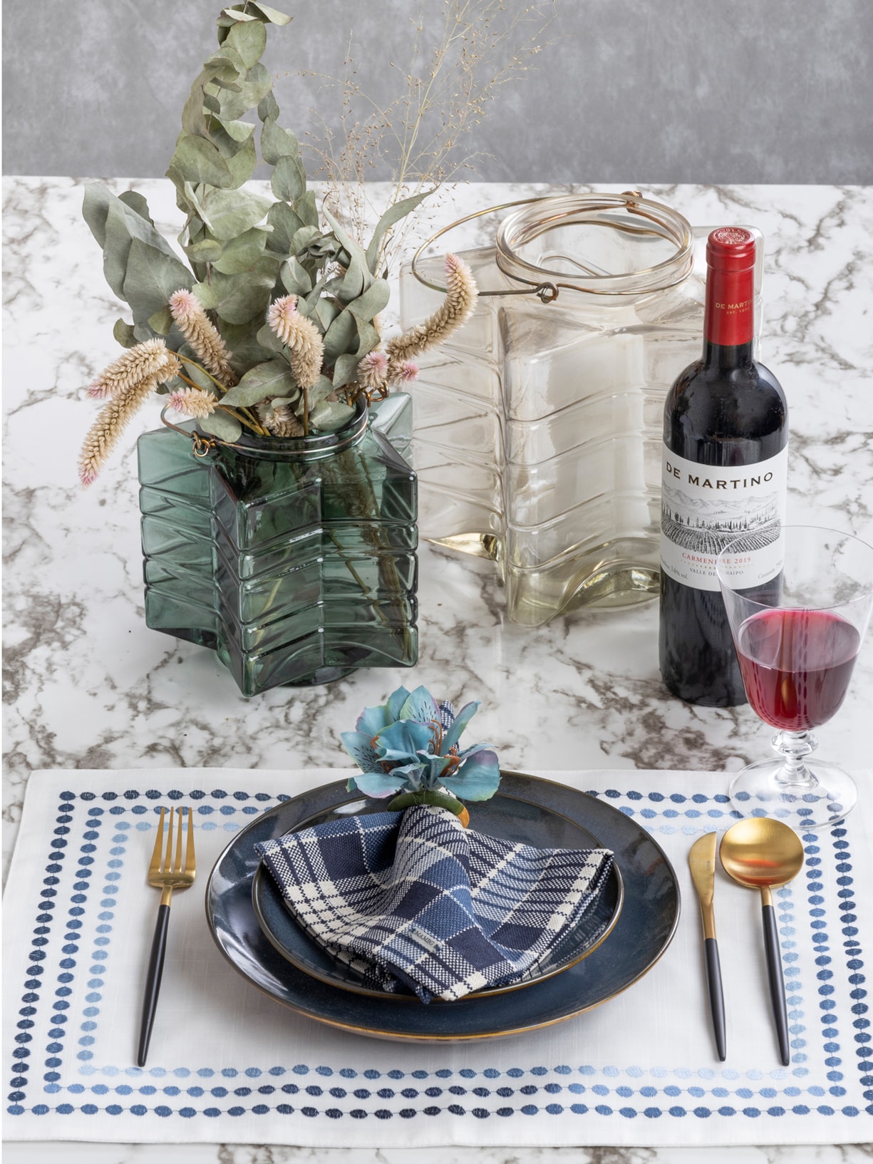 Guardanapo Linen Estampado Xadrez Azul Mameg